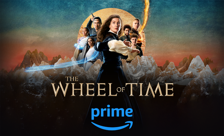 Screenshot of characters from The Wheel of Time and Amazon Prime logo below