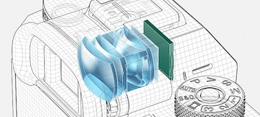 Diagram showing expanded view of viewfinder display and lenses