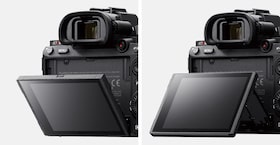 Image pair showing rear view of camera with LCD screen tilted down (left) and up