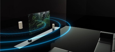 Cinema room showing blue lines indicating the ideal set up of speakers for a room