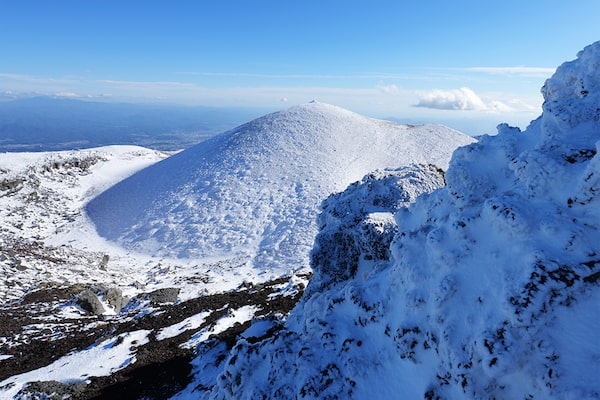 Examples of snowy mountains and blue sky photography