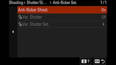 Product image showing the anti-flicker shooting menu on the LCD display