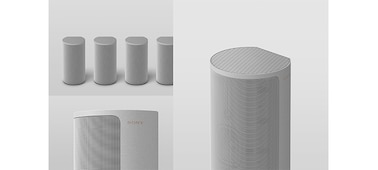 Montage of images showing Omnidirectional Block products including angled views of speaker and soundbar, front view of speaker and speaker beside a sofa