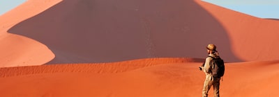 Image of a man facing away from the camera with red-coloured sand dunes in the background