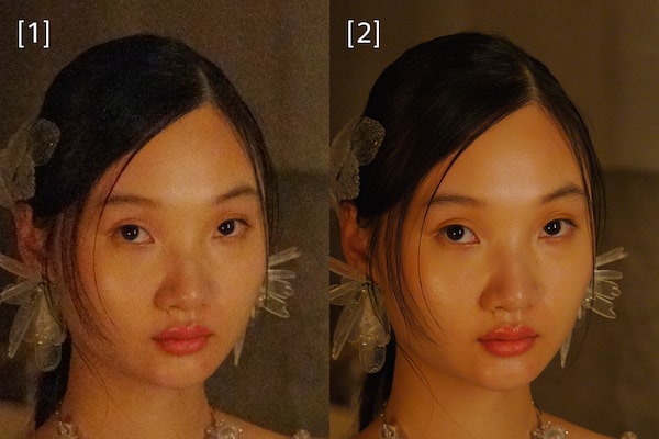 Example images of a woman posing in a low-light environment. Left: single RAW image; right: Composite RAW mode illustrating lower noise and high resolution