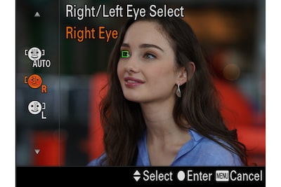 Monitor image of a model with an AF frame over one eye, with controls visible for selection of the right or left eye